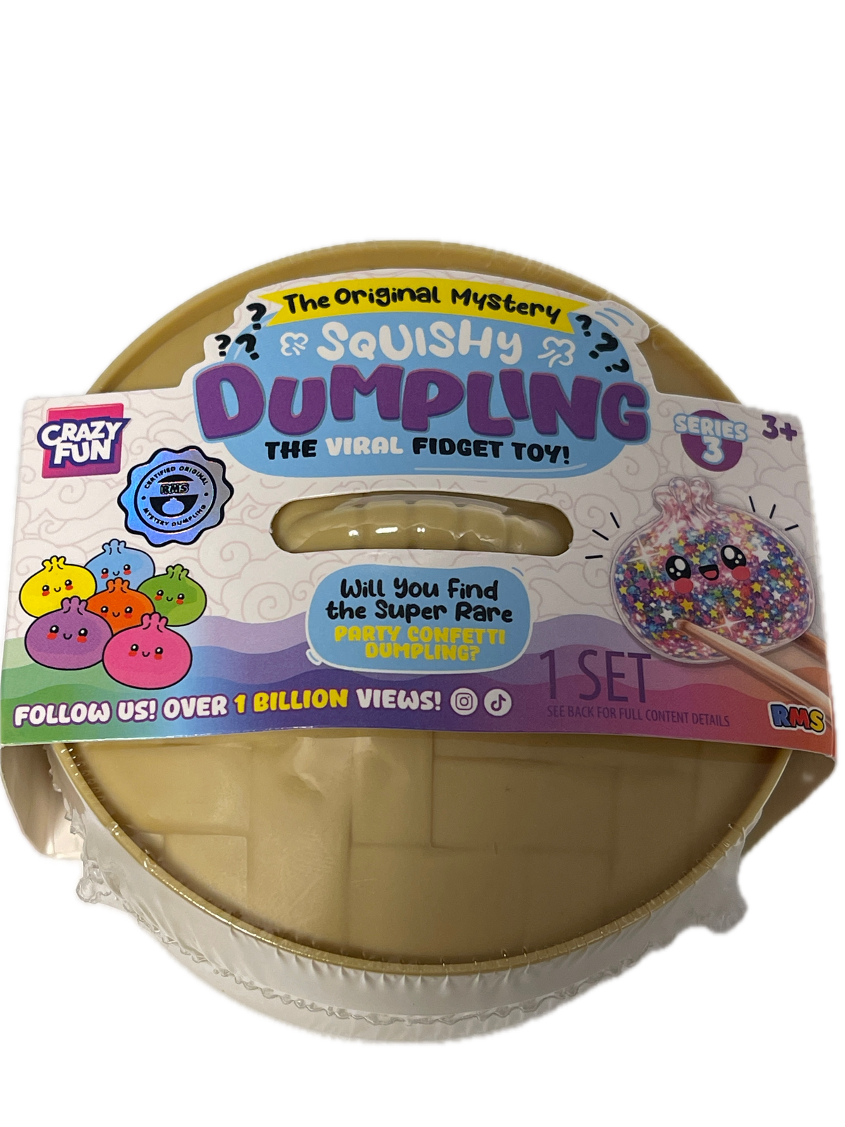 A Crazy Fun Squishy Dumpling mystery toy set in its original packaging, featuring a beige plastic container with a colorful printed label.