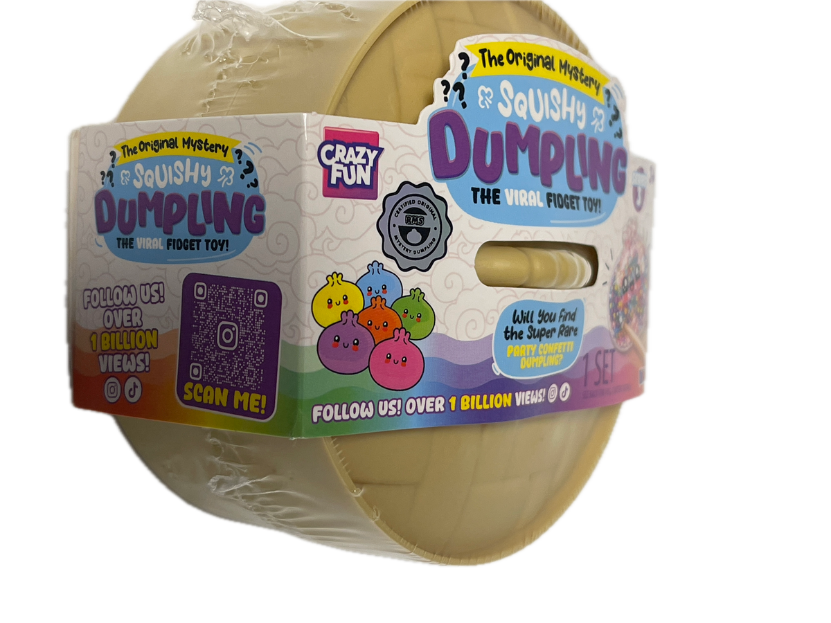 A roll of Crazy Fun Dimples The Magic Toy, wrapped in clear plastic with a colorful paper band label. The toy consists of beige plastic dimples visible through a cutout in the band.