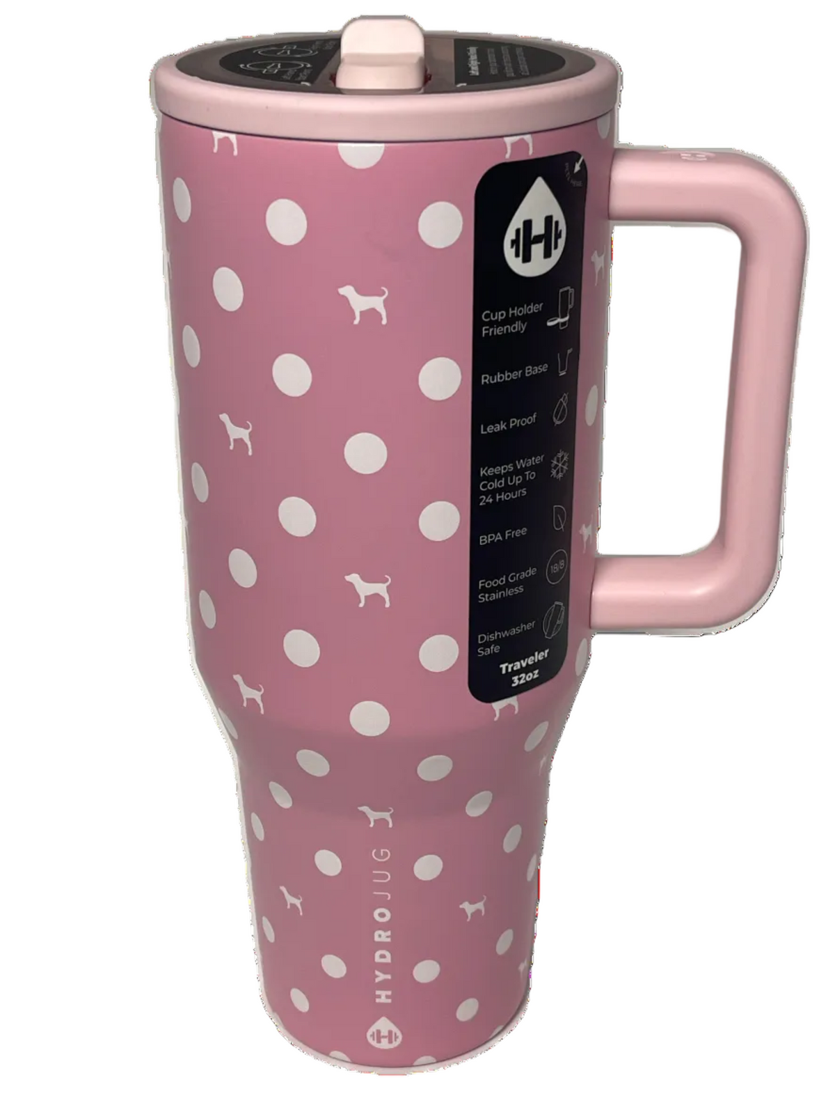 A pink HydroJug insulated tumbler with white polka dots, featuring a matching pink carrying handle and a black temperature indicator label on the side.