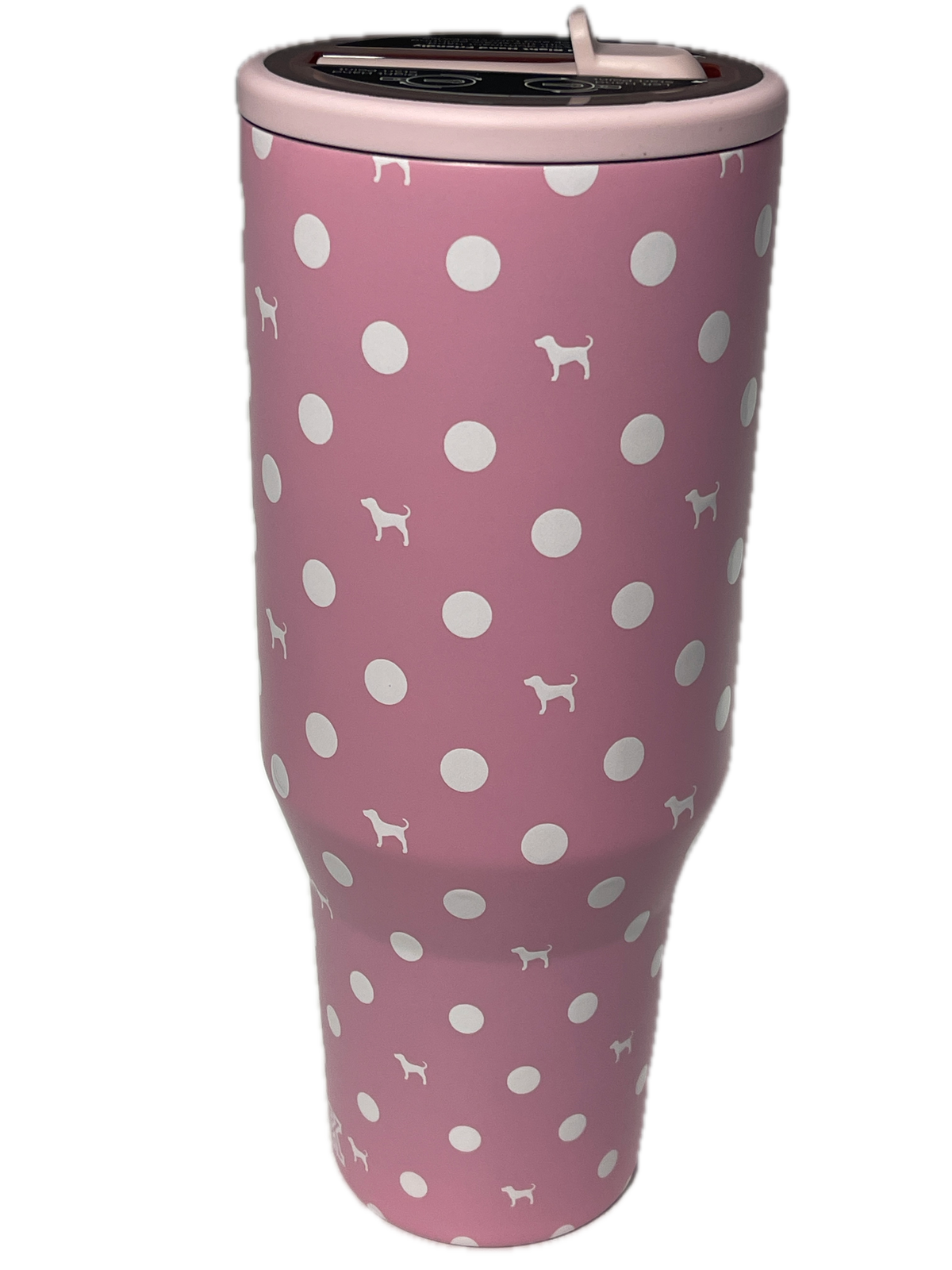 A pink insulated tumbler with a white polka dot pattern and small white dog silhouettes, shown on a plain white background.