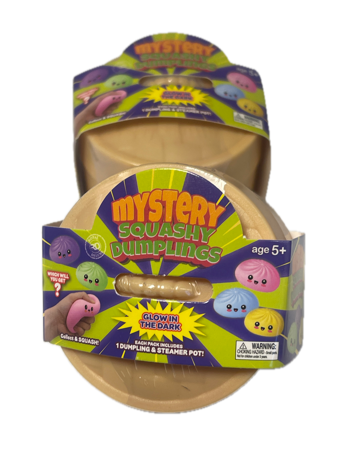 A pack of Mystery Squashy Dumpings toy figures in their original packaging, featuring a beige plastic container with colorful cartoon graphics and a clear window showing a small squishy figure inside.