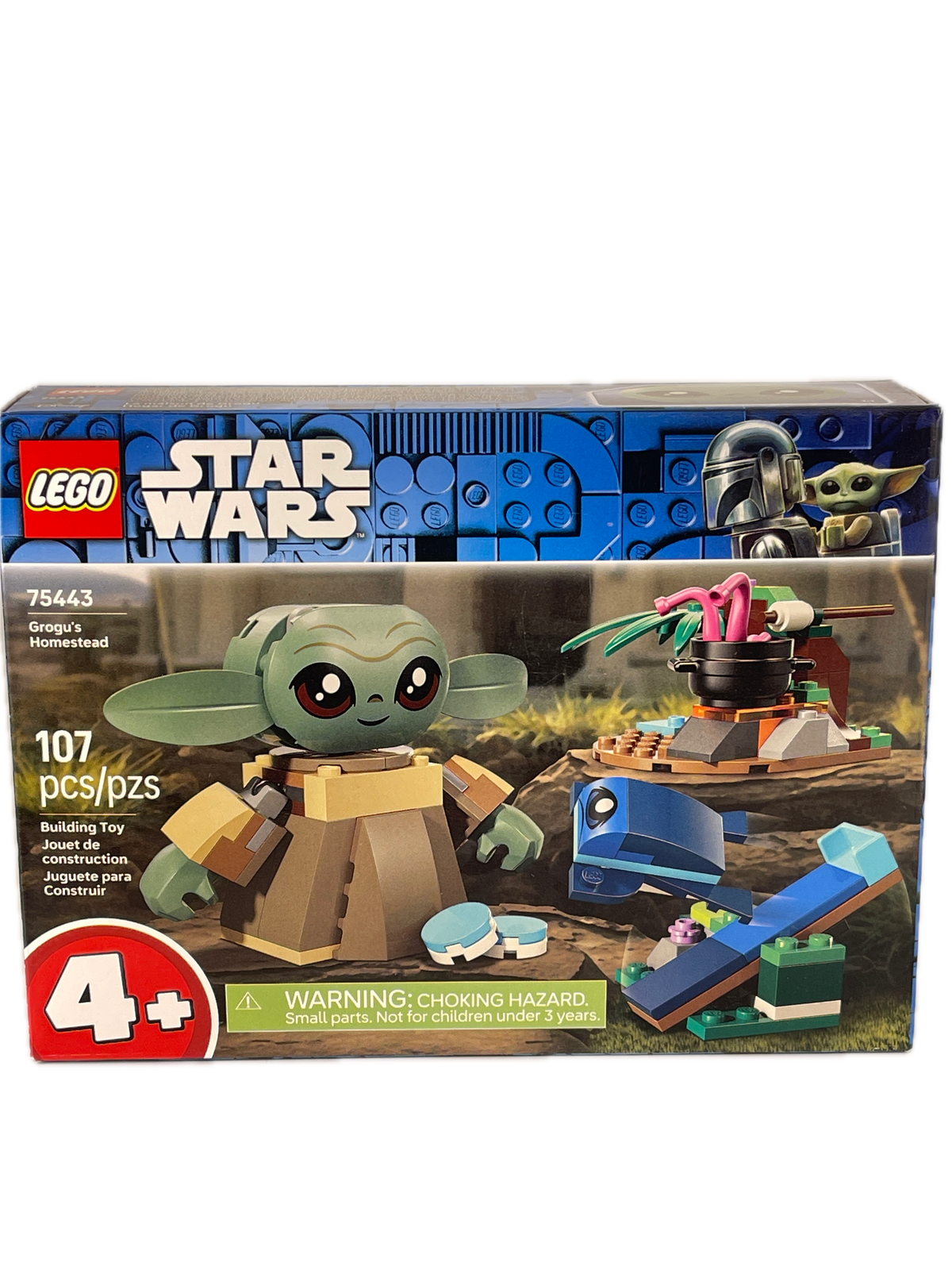 LEGO Star Wars Grogu set box, showing the front and side panels with LEGO branding, Grogu and Yoda block figures, and a red age rating badge indicating 4+.