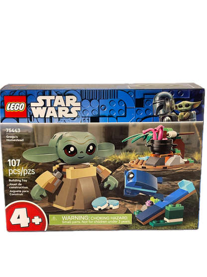 LEGO Star Wars Grogu set box, showing the front and side panels with LEGO branding, Grogu and Yoda block figures, and a red age rating badge indicating 4+.