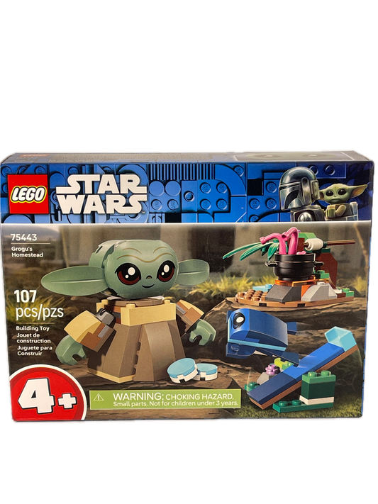 LEGO Star Wars Grogu set box, showing the front and side panels with LEGO branding, Grogu and Yoda block figures, and a red age rating badge indicating 4+.