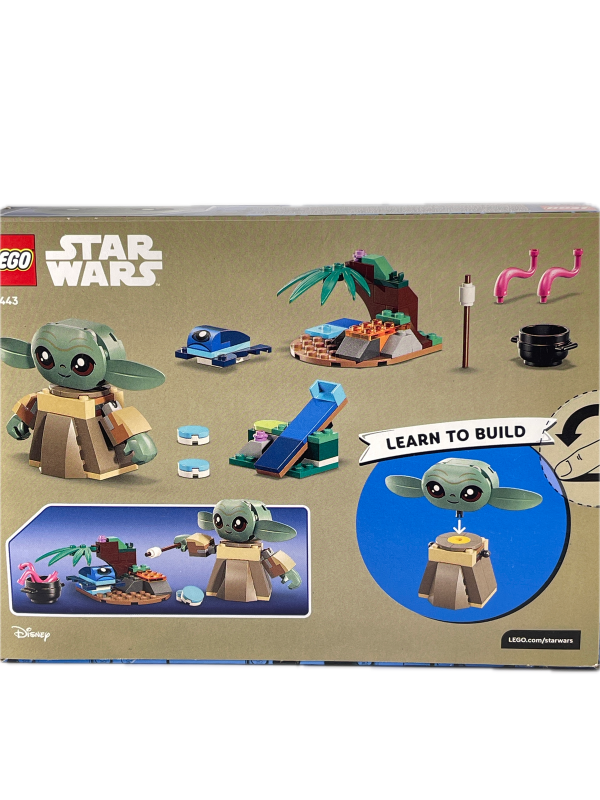 LEGO Star Wars The Child (Grogu) build box showing various toy pieces and assembly instructions on a beige background.