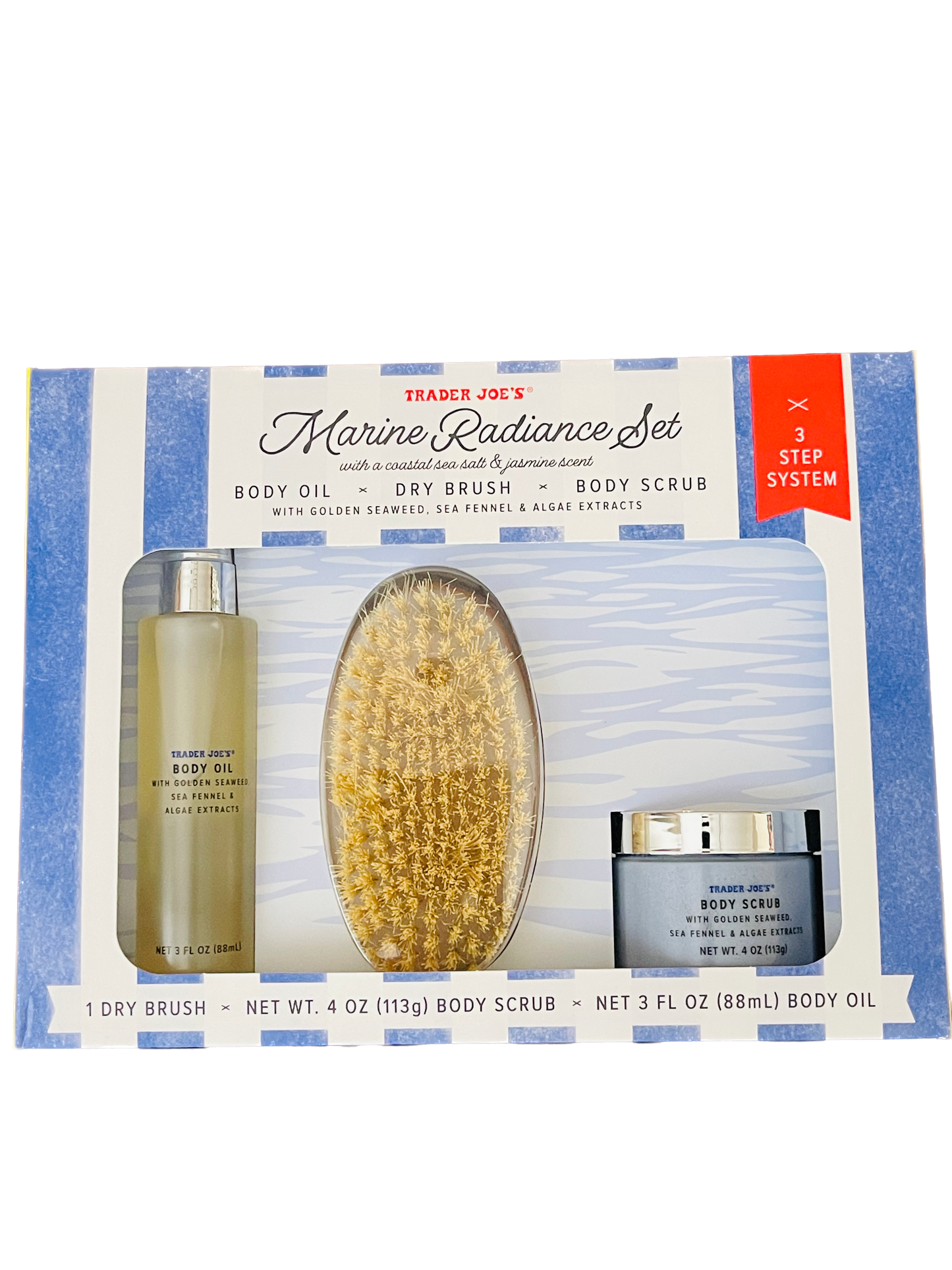 Trader Joe's Marine Radiance Set packaging with dry brush, body scrub, and body oil on a white background.