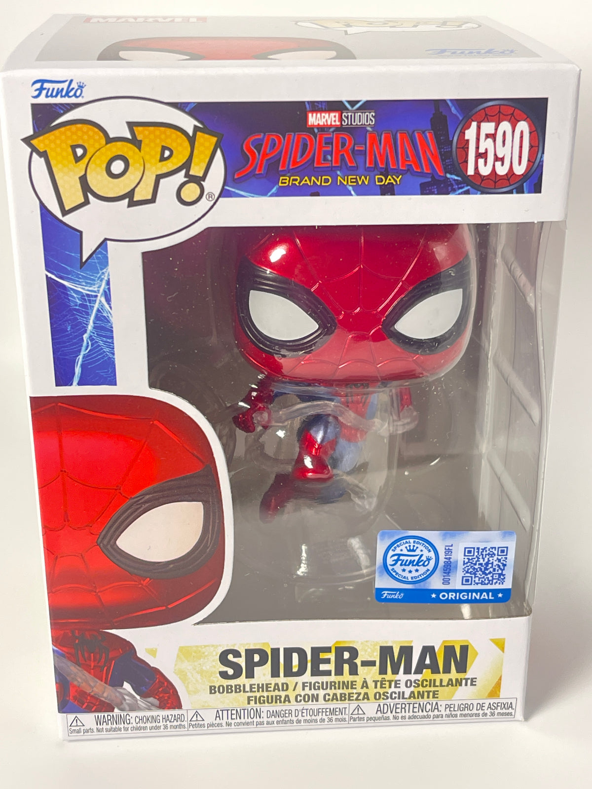 Funko Pop! Marvel Studios Spider-Man 'Brand New Day' figure number 1590 in its original window box packaging.