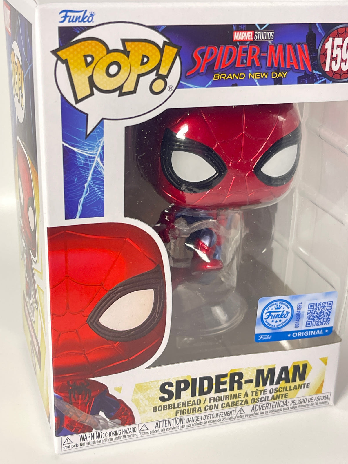 Funko Pop! Marvel Studios Spider-Man: Brand New Day #159 Spider-Man bobblehead figure in its original window box packaging.