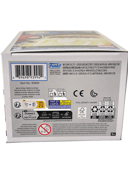 Back of a Funko collectible card box showing product details, barcode, shipping information, and regulatory icons on a white background.