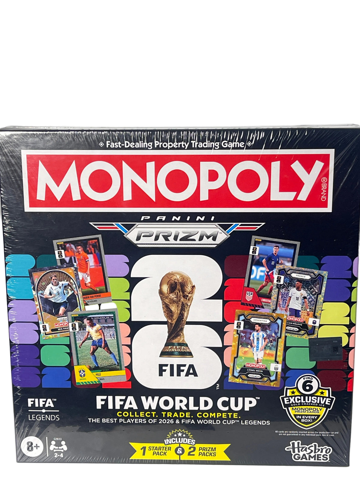 Panini Prizm FIFA 2026 Monopoly collectible trading card game box, sealed in plastic shrink wrap, featuring FIFA Legends branding and multiple colorful card designs.
