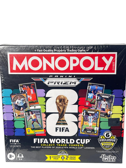 Panini Prizm FIFA 2026 Monopoly collectible trading card game box, sealed in plastic shrink wrap, featuring FIFA Legends branding and multiple colorful card designs.