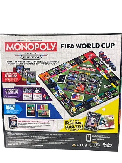 Monopoly FIFA World Cup 2022 board game box shown from the back, featuring the game board design, player tokens, cards, and packaging graphics on a neutral gray background.