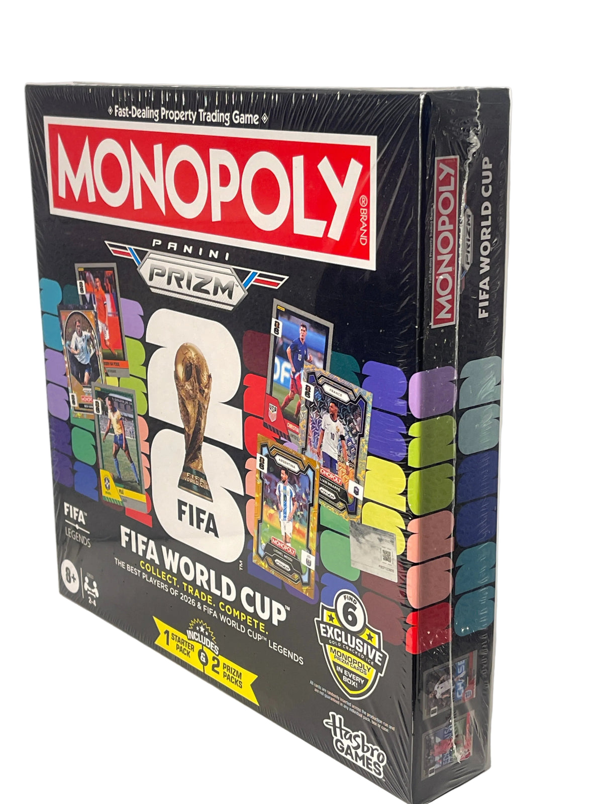Panini Prizm Monopoly FIFA World Cup 2026 trading card game box on a light gray background.