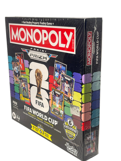 Panini Prizm Monopoly FIFA World Cup 2026 trading card game box on a light gray background.