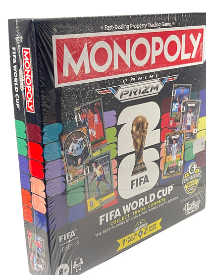 Panini Prizm FIFA World Cup Monopoly trading card game box, sealed in plastic shrink wrap, displayed on a light gray surface.