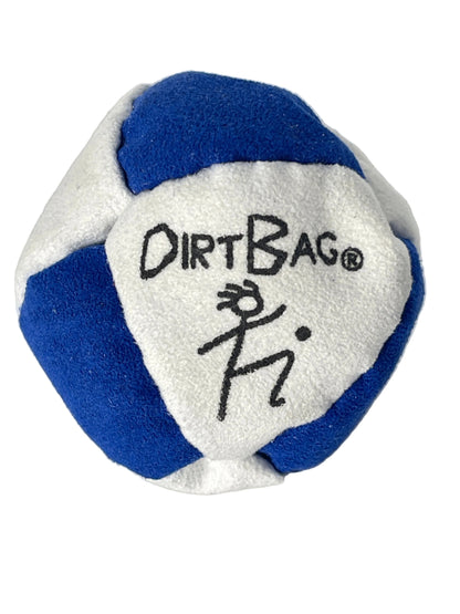 A blue and white felt soccer ball dog toy with black embroidered 'DIRTBAG' text and a stick figure logo on the front, photographed on a neutral light gray background.