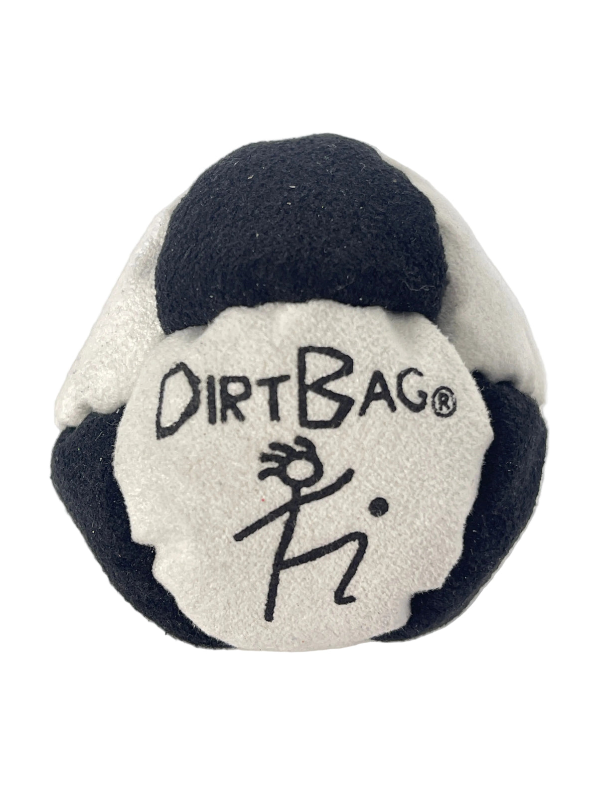A black and white felt Dirt Bag toy with the brand name and logo embroidered on the front, set against a plain light gray background.