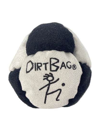 A black and white felt Dirt Bag toy with the brand name and logo embroidered on the front, set against a plain light gray background.