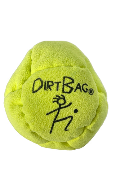 A bright yellow-green textured plush ball toy with 'DIRTBAG' and a stick figure logo printed in black on the front, photographed on a clean white background.