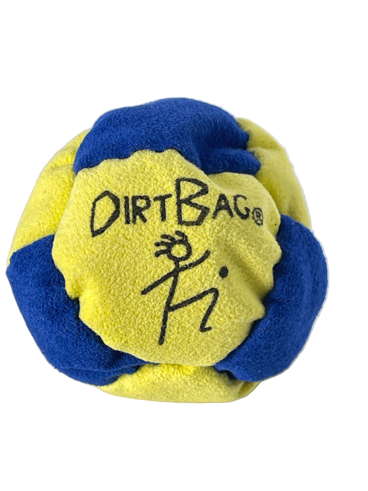 A blue and yellow textured Dirt Bag ball with the brand name and stick figure logo printed in black on the front, set against a plain light gray background.
