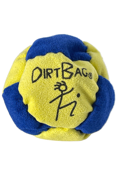 A blue and yellow textured Dirt Bag ball with the brand name and stick figure logo printed in black on the front, set against a plain light gray background.
