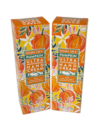 Trader Joe's Pumpkin Ultra Moisturizing Hand Cream 3 oz — 2-pack set with colorful fall pumpkin and floral botanical packaging, with shea butter and pumpkin extract