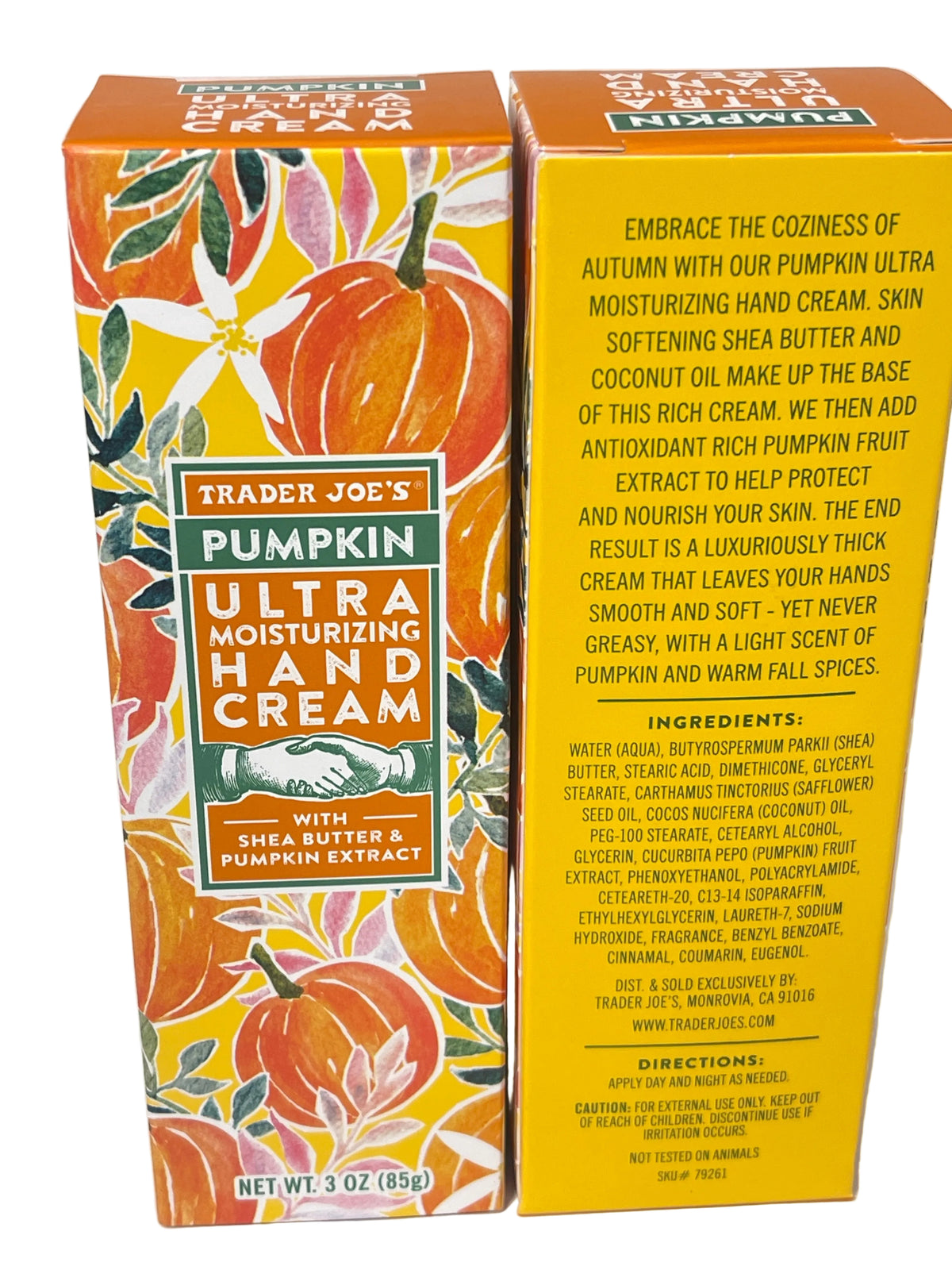 Trader Joe's Pumpkin Ultra Moisturizing Hand Cream 3 oz — front and back of box showing ingredients, directions, and autumn pumpkin botanical artwork