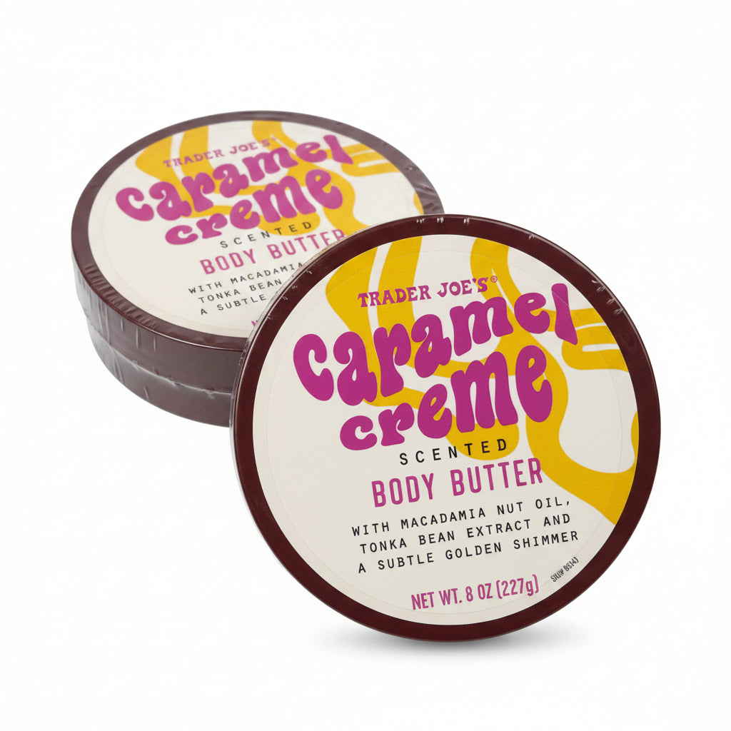 Two round tubs of Trader Joe's Caramel Creme Scented Body Butter arranged on a light gray background.