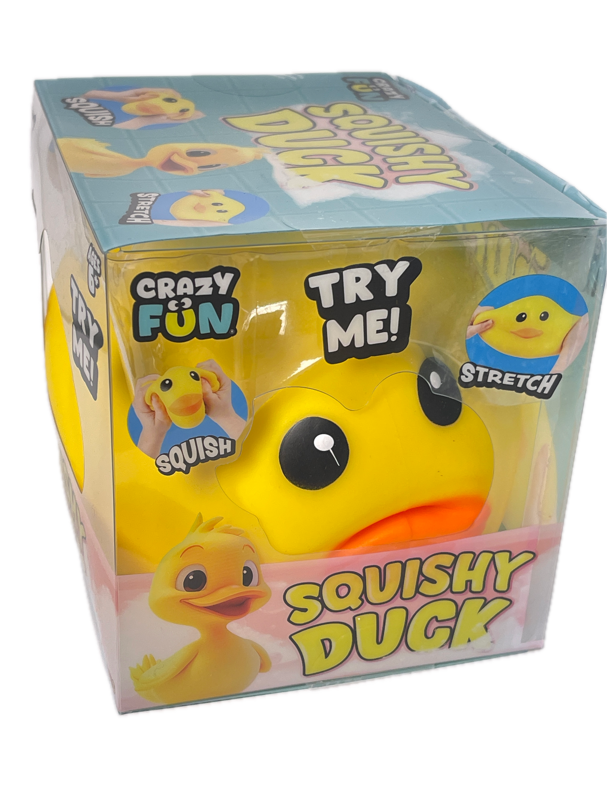 Crazy Fun Squish yellow duck toy inside a clear plastic blister box with colorful packaging graphics reading 'Squishy Duck' and 'Try Me!'.