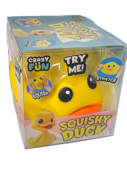 Crazy Fun Squish yellow duck toy inside a clear plastic blister box with colorful packaging graphics reading 'Squishy Duck' and 'Try Me!'.