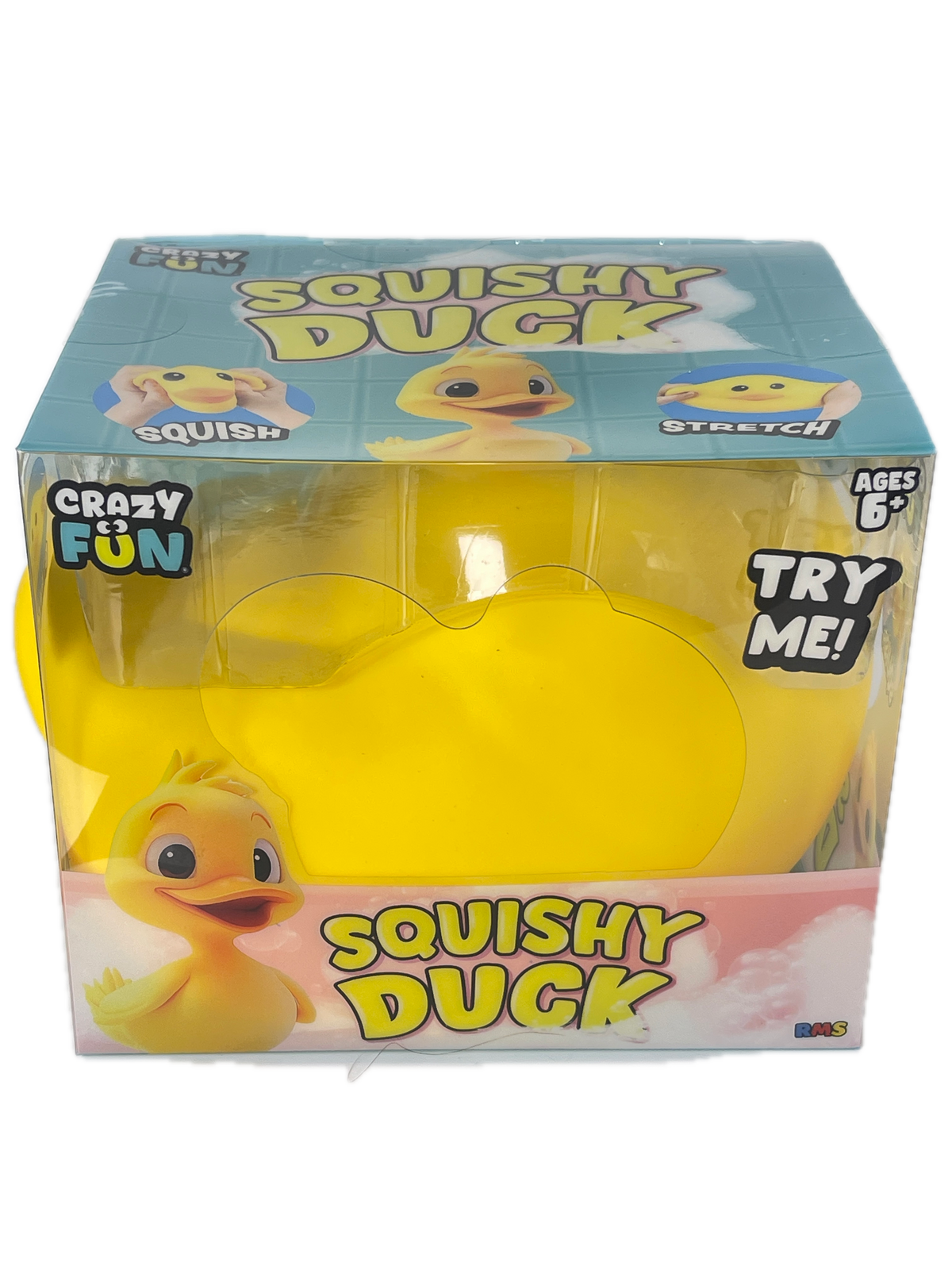 A packaged yellow squishy duck toy in clear plastic blister packaging with a blue and pink printed box. The box shows the text 'Squishy Duck', 'Crazy Fun', and 'Try Me!'.