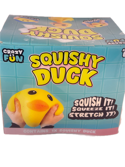 A boxed 'Squishy Duck' toy by Crazy Fun, shown at an angle against a white background. The packaging is light blue with yellow, black, and pink graphics, and features a photo of hands squeezing a yellow duck toy.