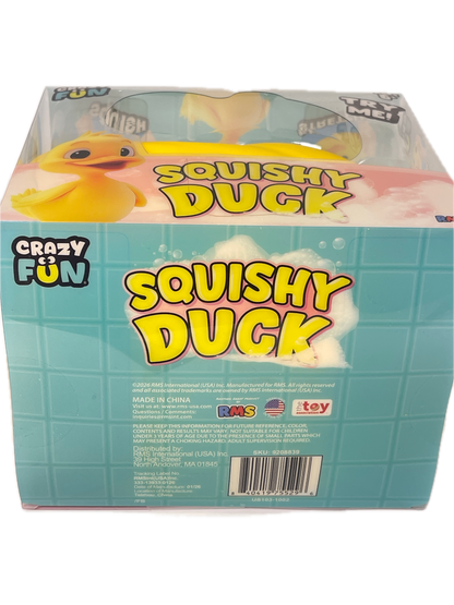 A boxed toy product labeled 'Squishy Duck' by Crazy Fun, shown at an angle on a plain white background. The package is mostly light aqua blue with large yellow text, a photo of a yellow duck, and product details including a barcode and small toyist logos.