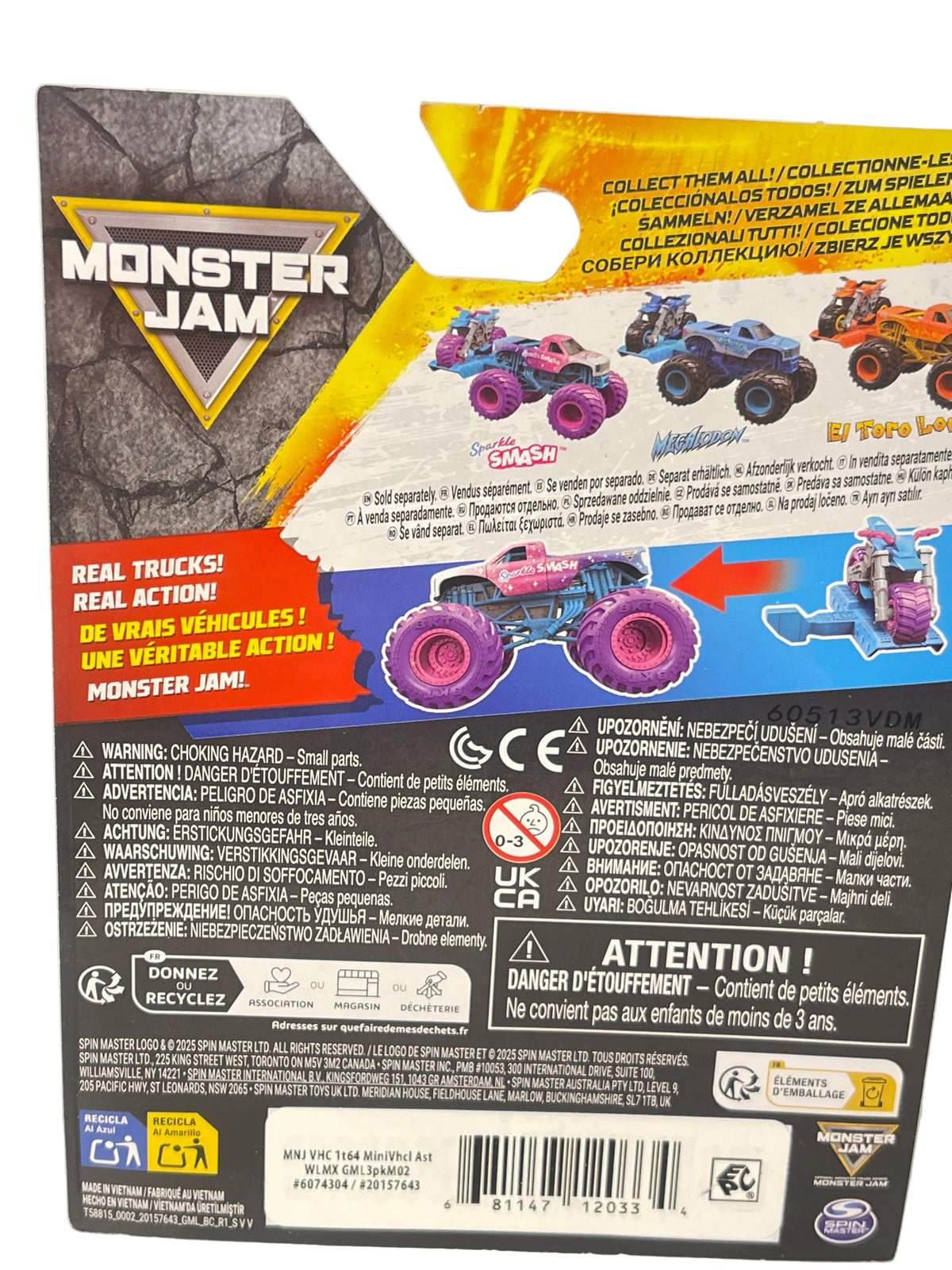 The back of a Monster Jam toy packaging box, showing product details, warning labels, and a colorful illustration of monster trucks on a black background.