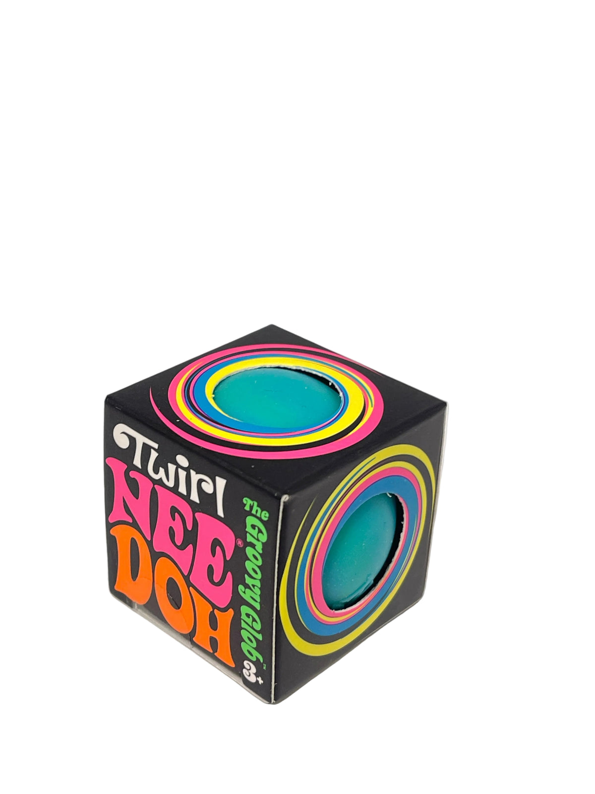 Twirl Nee Doh retro-themed plastic toy with a black box featuring colorful concentric circle designs and bold retro text, photographed on a neutral light gray background.