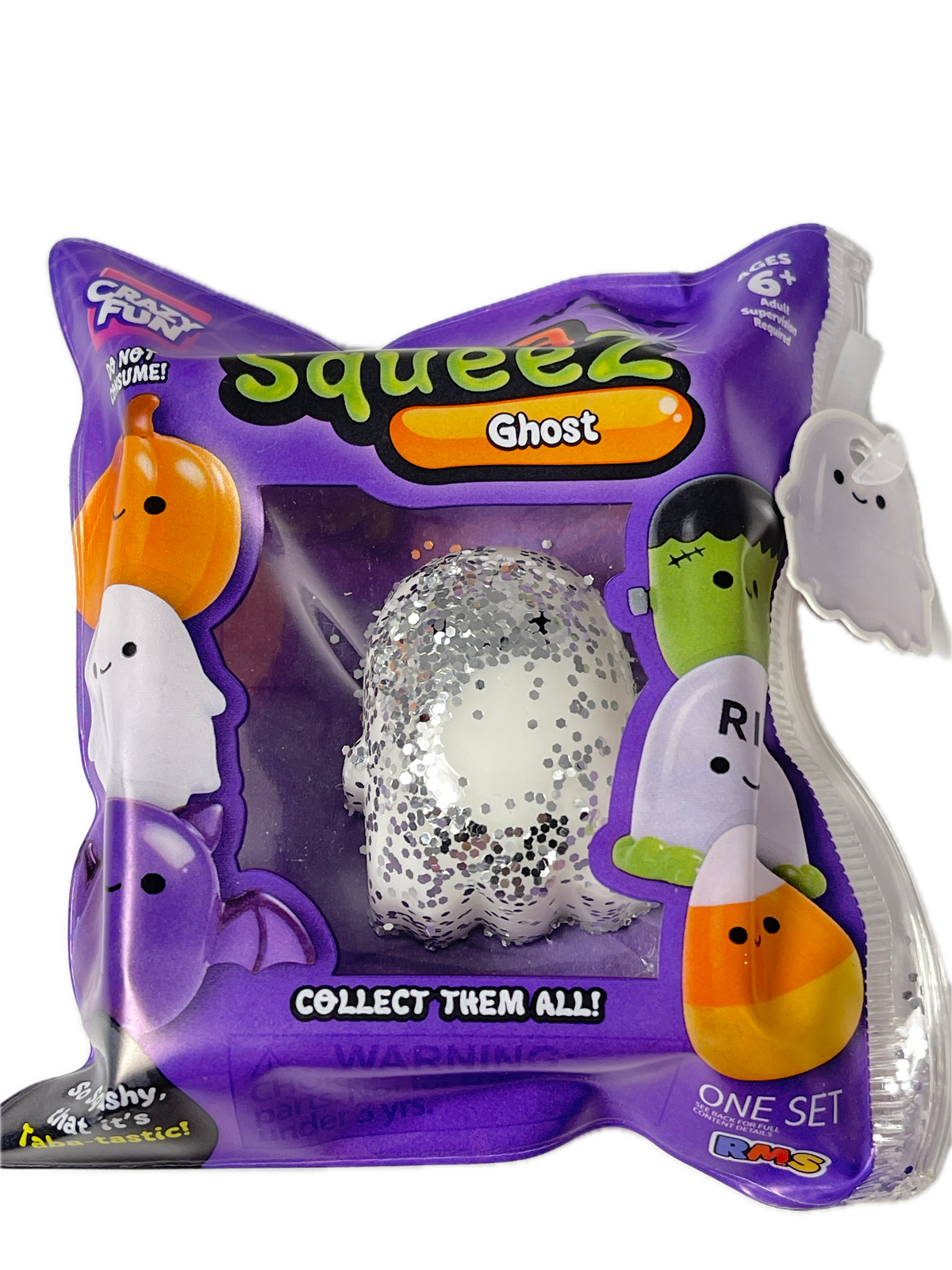 A packaged squeeze toy set in a purple bag labeled 'Squeez Ghost' and 'One Set,' containing multiple small ghost-shaped squishies in white, orange, green, and purple, with a silver glitter egg visible through the front window.