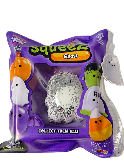 A packaged squeeze toy set in a purple bag labeled 'Squeez Ghost' and 'One Set,' containing multiple small ghost-shaped squishies in white, orange, green, and purple, with a silver glitter egg visible through the front window.