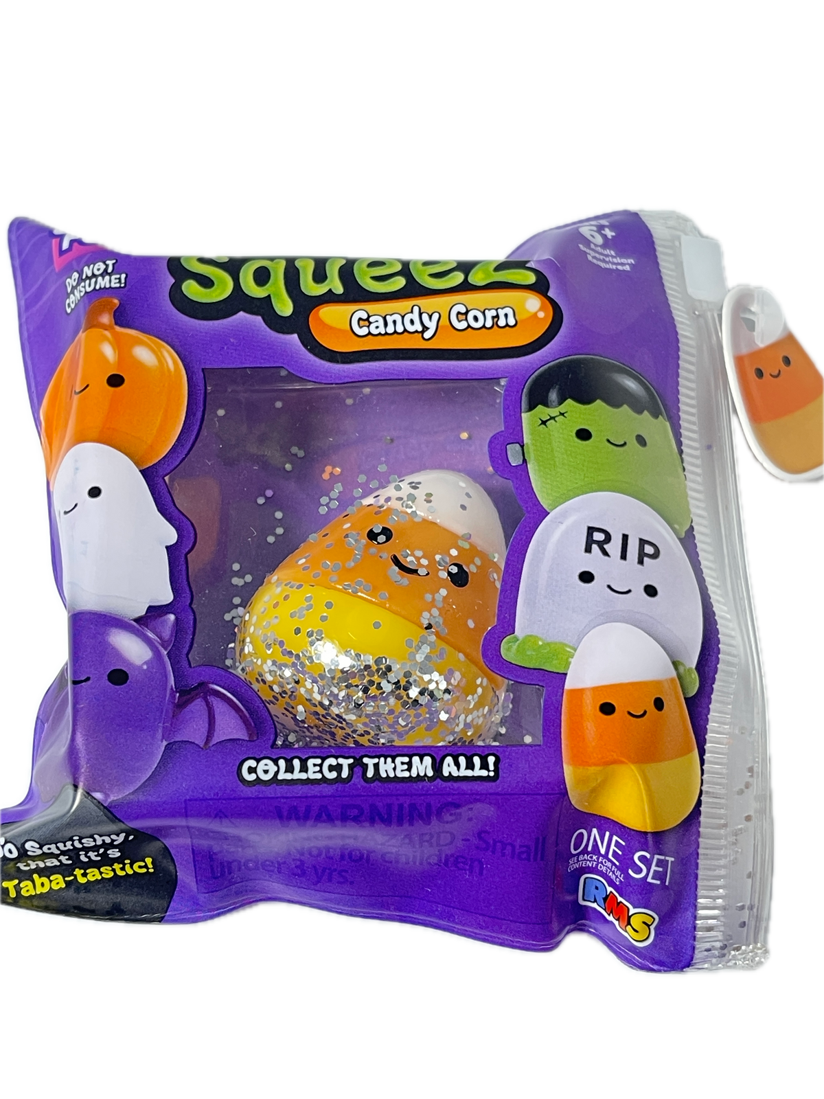 A purple Squeees Candy Corn blind bag toy package containing a glittery orange and white candy corn squishy, with Halloween character illustrations on the front.