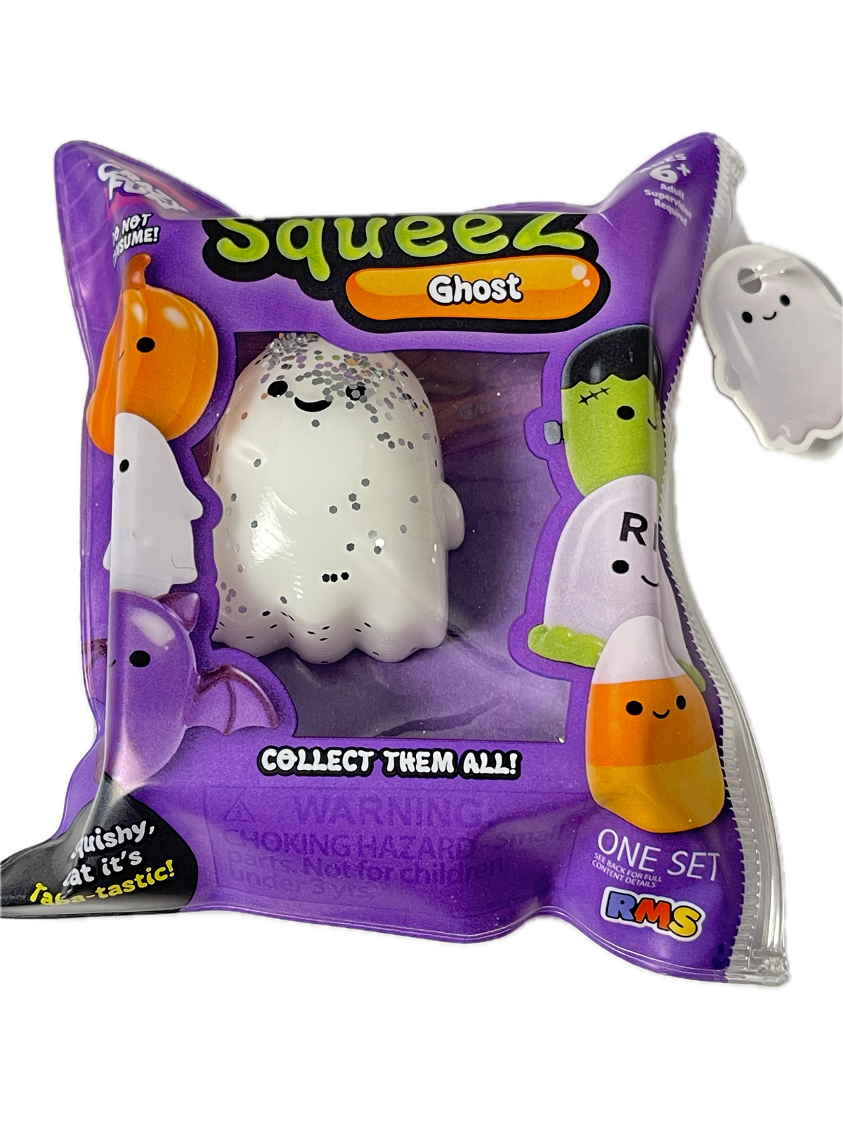 A packaged Squeez Ghost toy from the brand LooZies, shown in its original purple window packaging with cartoon ghost illustrations.