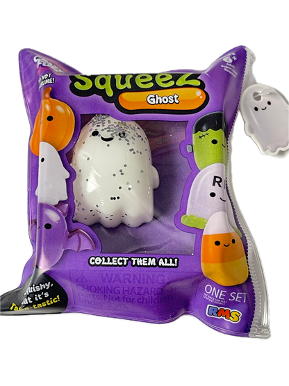 A packaged Squeez Ghost toy from the brand LooZies, shown in its original purple window packaging with cartoon ghost illustrations.