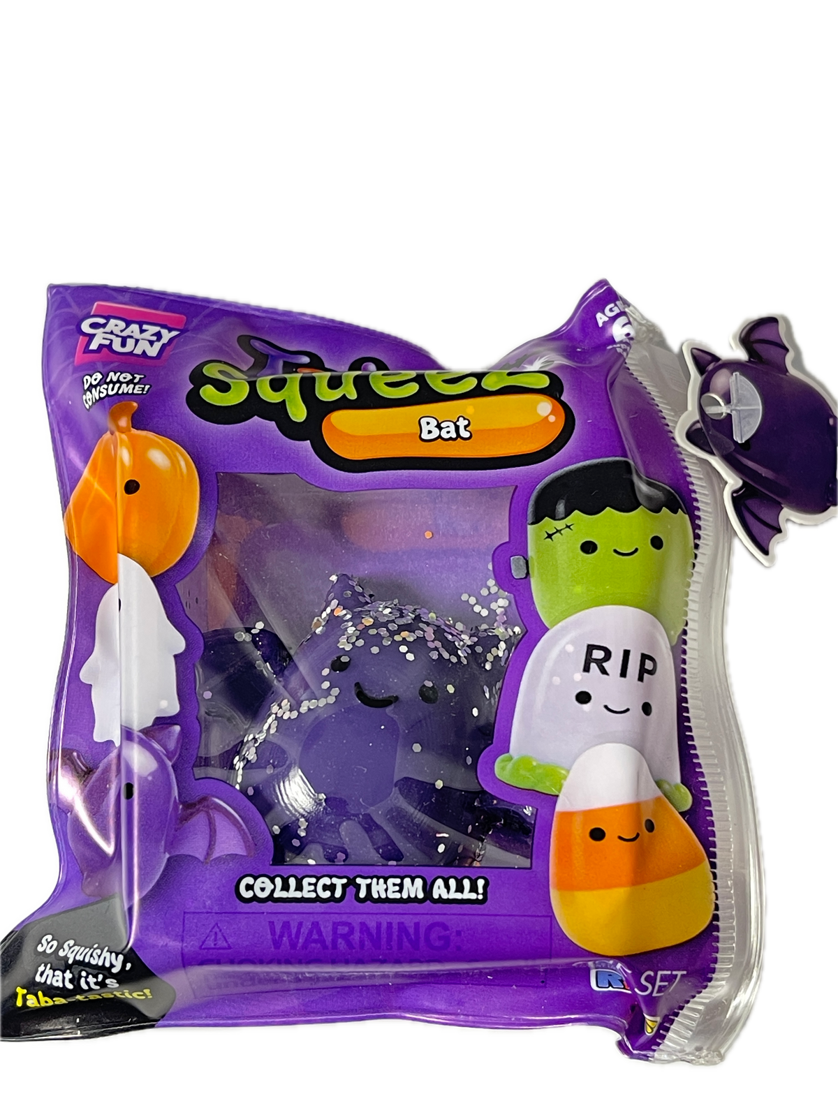 Packaged Squeezies Bat squishy toy in a purple bag with character graphics including Frankenstein, a corn cob, and a ghost, on a white background.