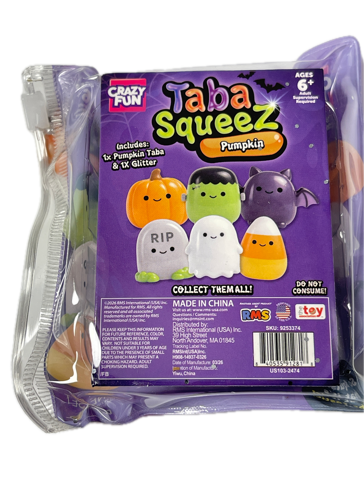 A sealed retail package of Tabaz Squeezes Pumpkin blind bag toys, showing the front and back of the purple cardboard insert with character graphics and a barcode. The clear plastic bag contains small squeeze toys peeking out.