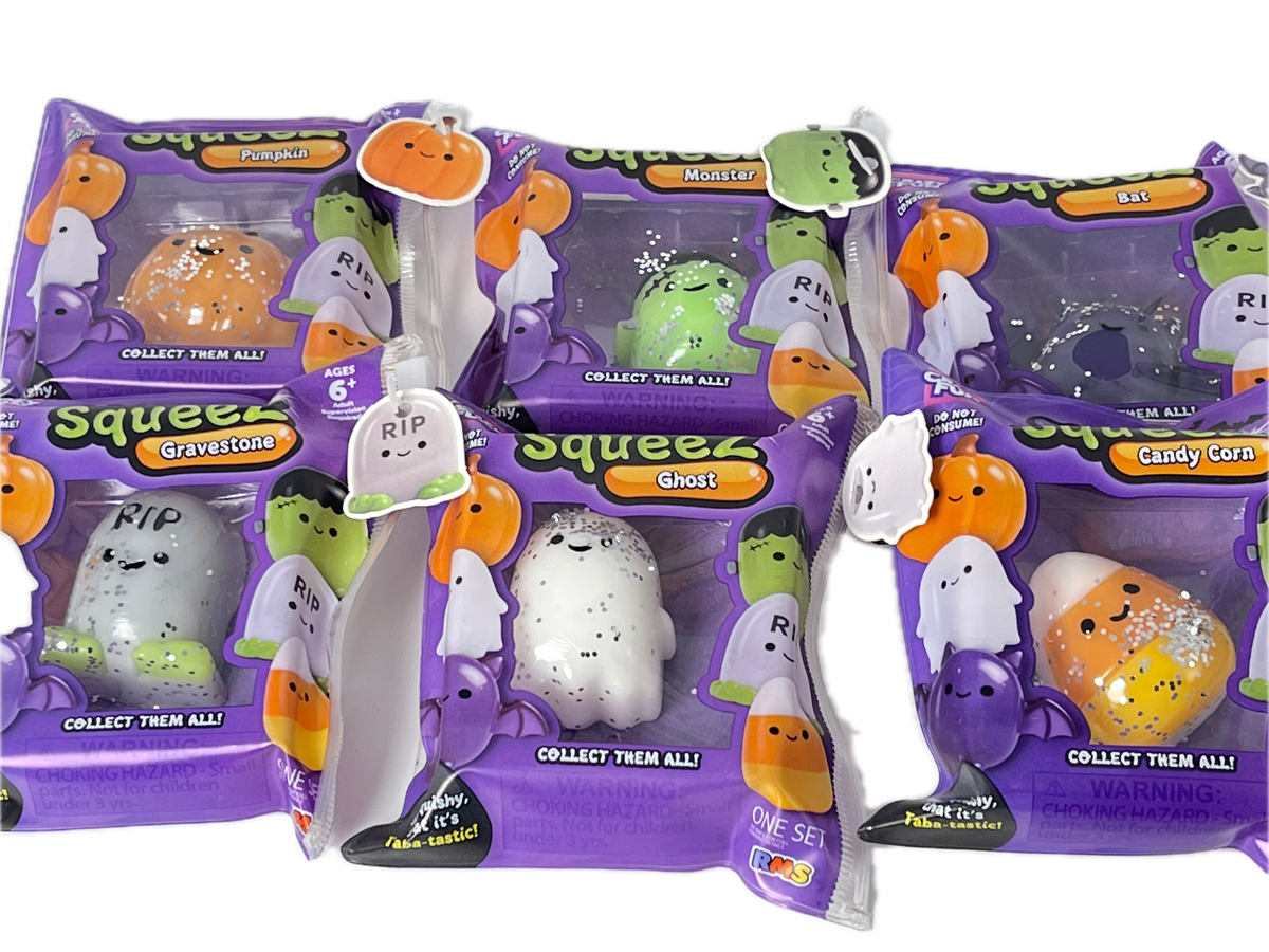 Six packages of Squeez Ghost collectible squishy toys in Halloween-themed purple packaging, featuring different ghost designs like pumpkin, gravestone, candy corn, and RIP.