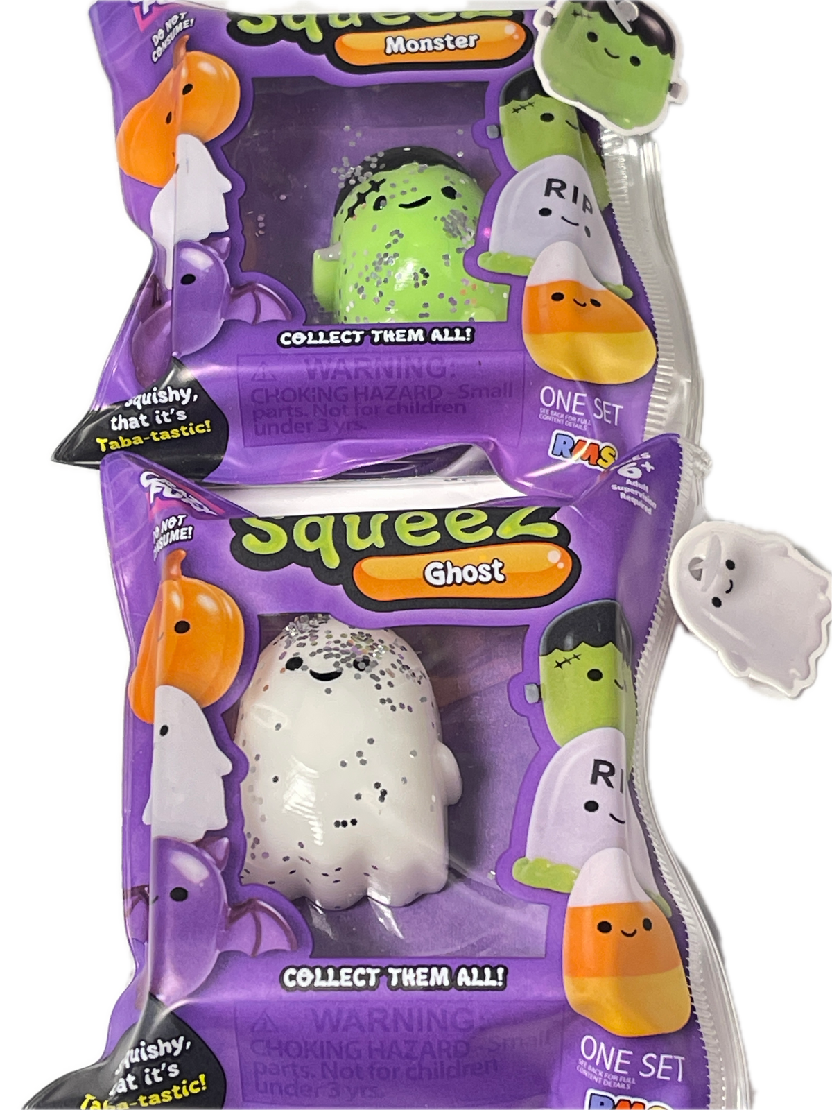Three purple mystery squishy toy packages from Tinsley Toys, featuring ghost and monster designs, with one white ghost squishy visible in the center package.