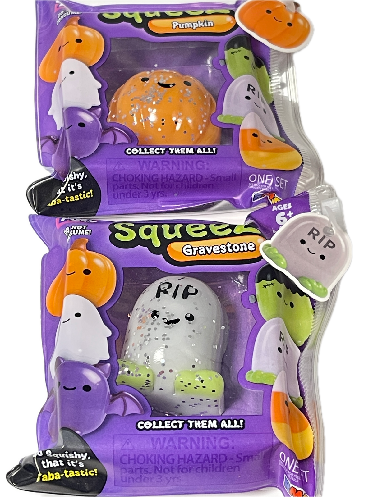 Two packaged squeeze toy figures in purple retail packaging on a white background. The left package shows an orange pumpkin-shaped figure labeled Pumpkin, and the right package shows a white speckled gravestone figure labeled RIP Gravestone.