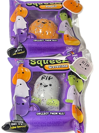 Two packaged squeeze toy figures in purple retail packaging on a white background. The left package shows an orange pumpkin-shaped figure labeled Pumpkin, and the right package shows a white speckled gravestone figure labeled RIP Gravestone.