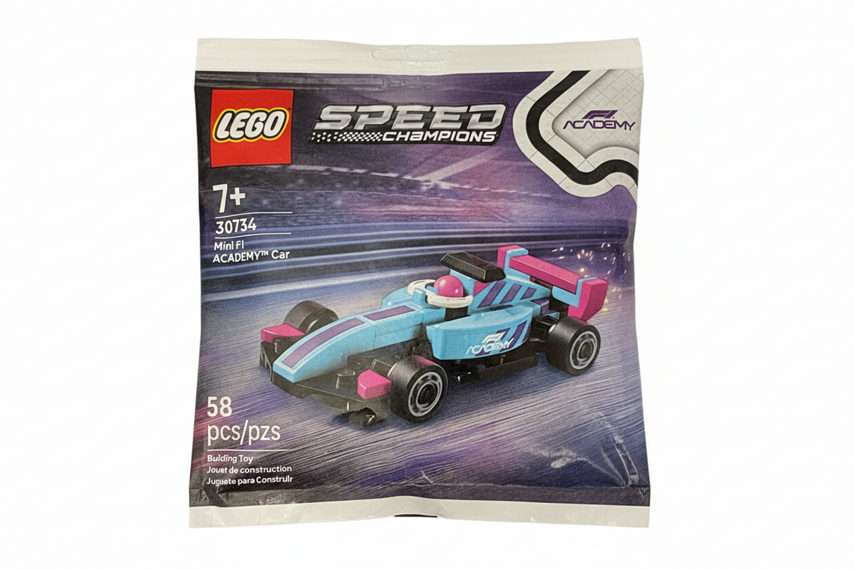 LEGO Speed Champions set 30724, featuring a light blue and pink race car on its original illustrated packaging.