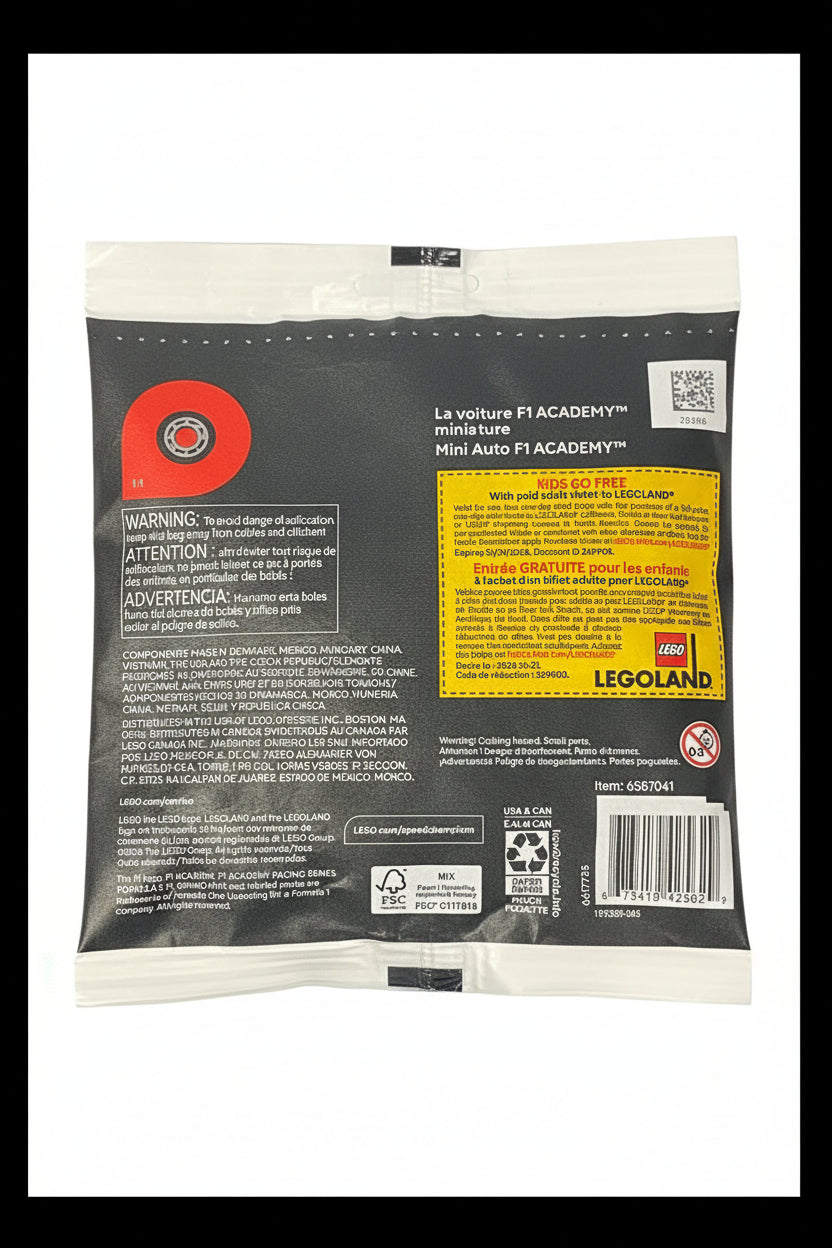 Back of a LEGO F1 Academy Mini Auto vehicle packaging bag, showing product information, warning labels, a yellow kids go free coupon, barcode, and LEGO branding on a black background.