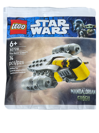 A sealed LEGO Star Wars building toy bag for the Grogu Racer Crease set, showing the assembled vehicle on the front of the packaging.