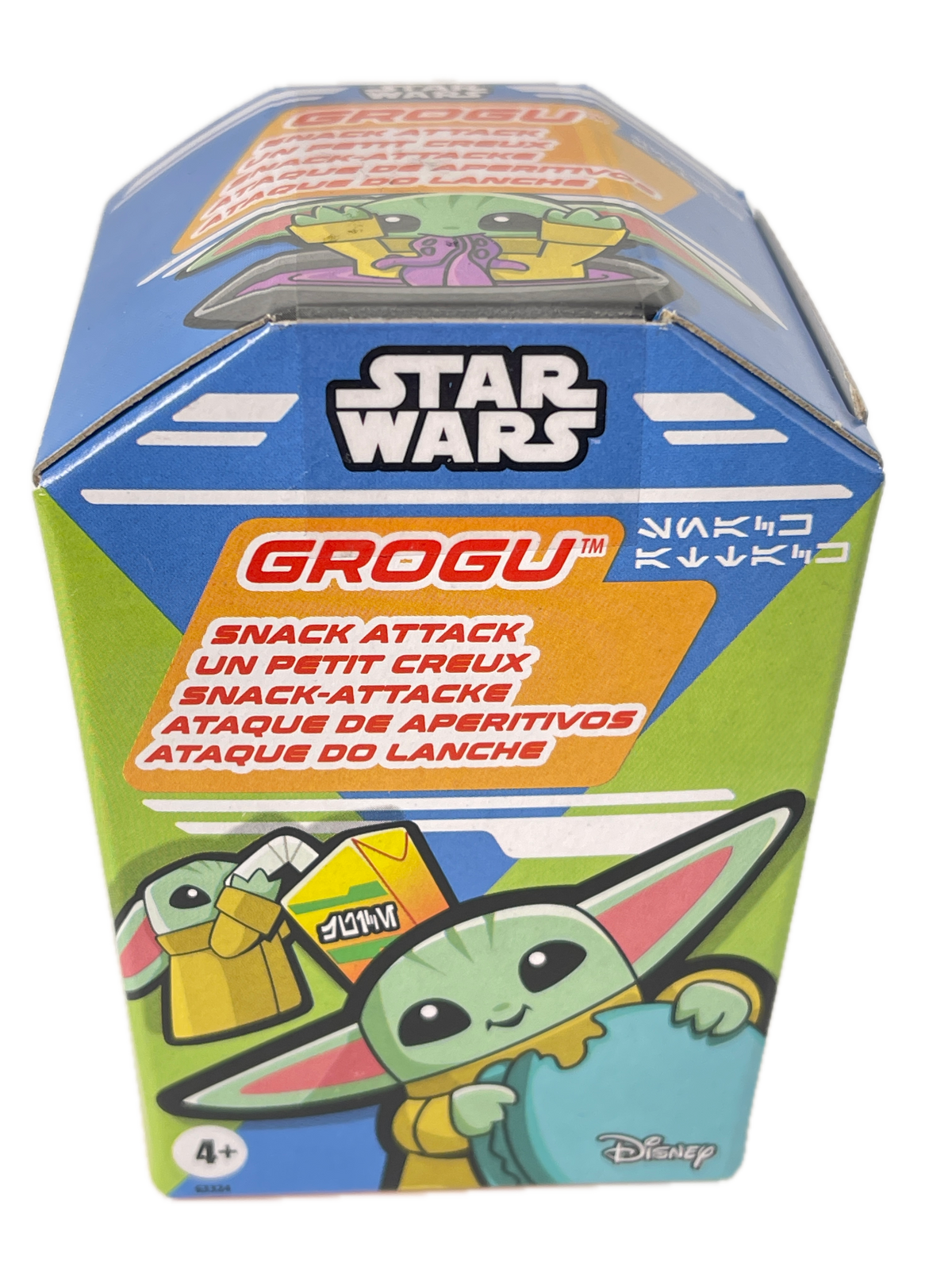 Star Wars Grogu blind box packaging featuring a colorful cartoon design with Grogu, a Star Wars logo, and Disney branding on a white background.